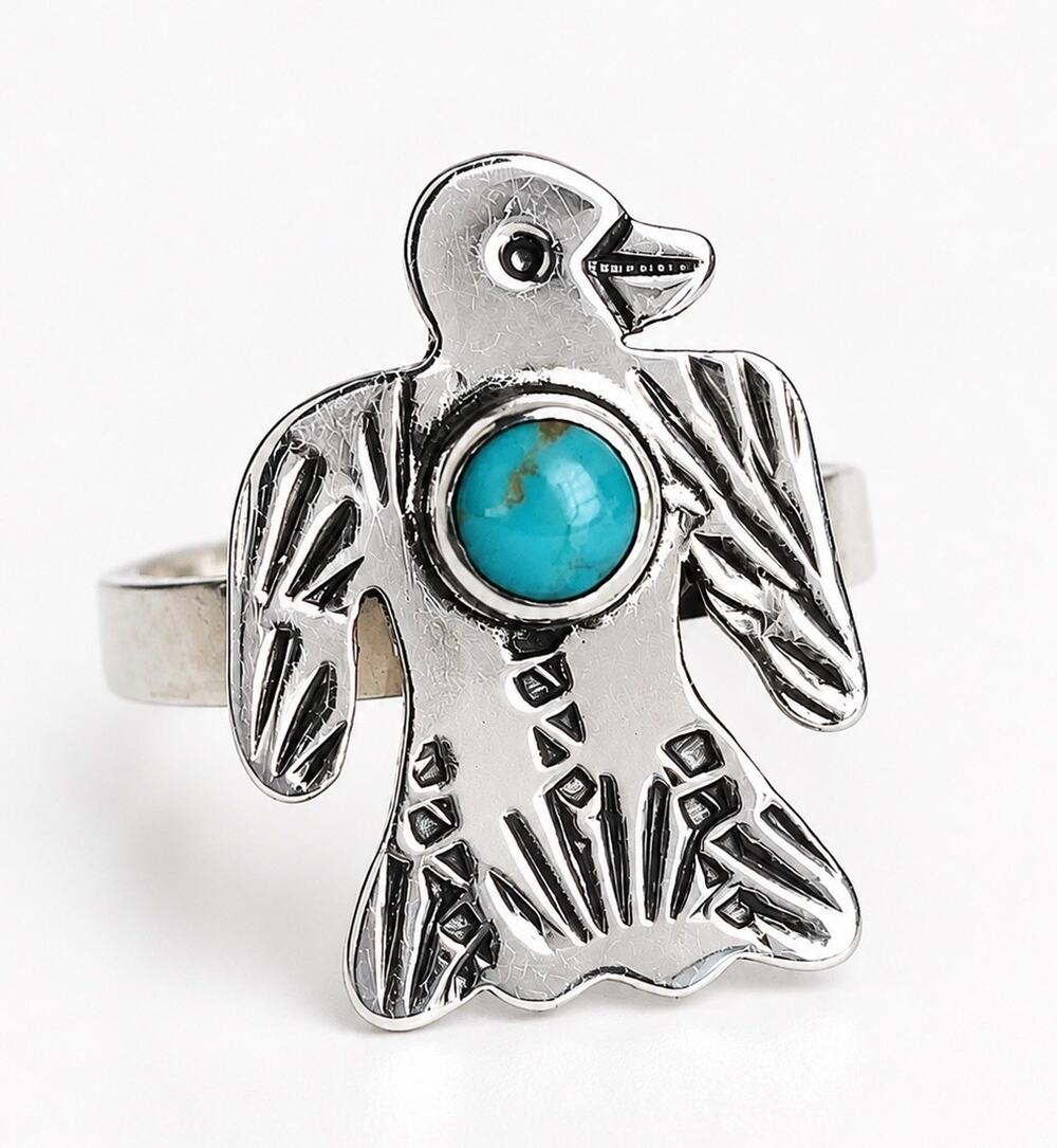 Thunderbird Turquoise Ring Sterling Silver Native Style Adjustable Southwestern